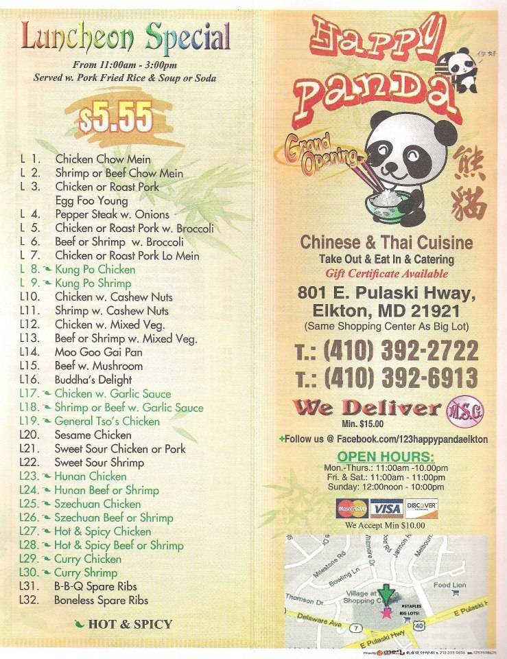 Happy Panda | restaurant | 801 E Pulaski Hwy #123, Elkton, MD 21921, USA | 4103922722 OR +1 410-392-2722