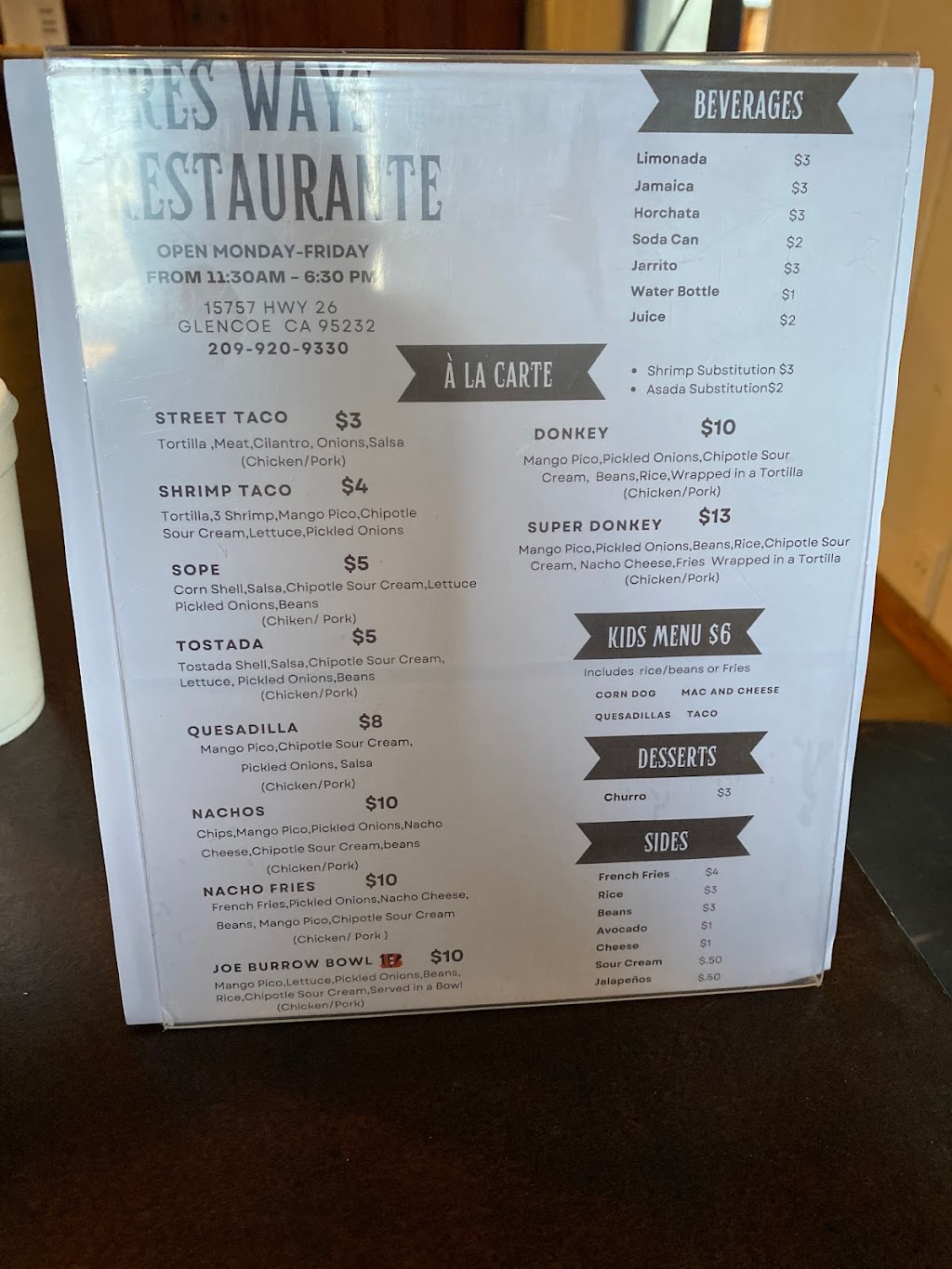 Tres Ways Restaurante | restaurant | 15757 State Rte 26, Glencoe, CA 95232, USA | 2099209330 OR +1 209-920-9330