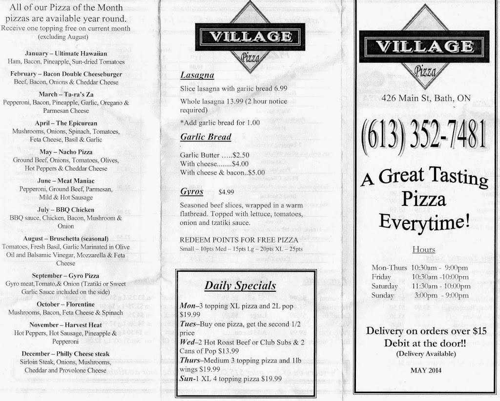 Village Pizza | restaurant | 426 Main Street Bath, Bath, ON K0H 1G0, Canada | 6133527481 OR +1 613-352-7481