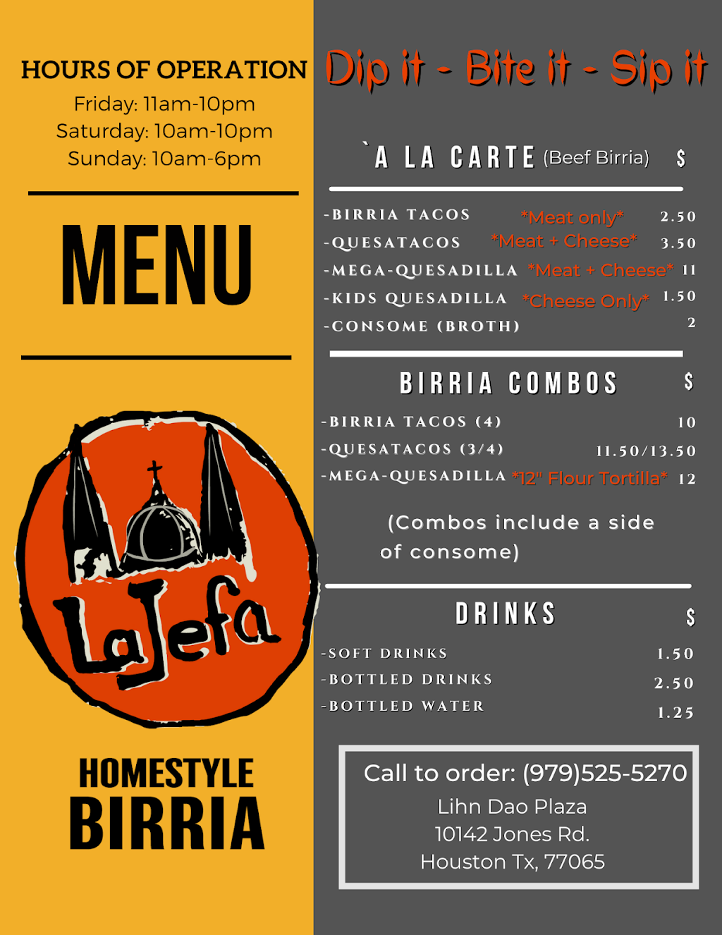 LaJefa Birria Food Truck | restaurant | 9934 Jones Rd, Houston, TX 77064, USA | 9795255270 OR +1 979-525-5270