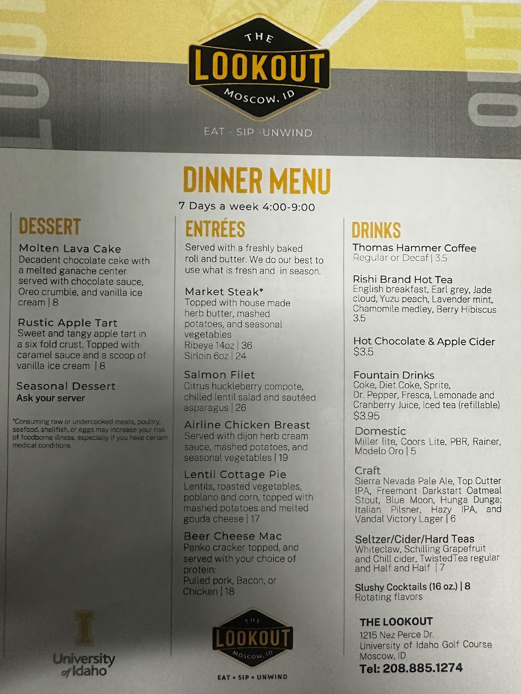 The Lookout Restaurant and Bar | restaurant | 1215 Nez Perce Dr, Moscow, ID 83844, USA | 2088851274 OR +1 208-885-1274