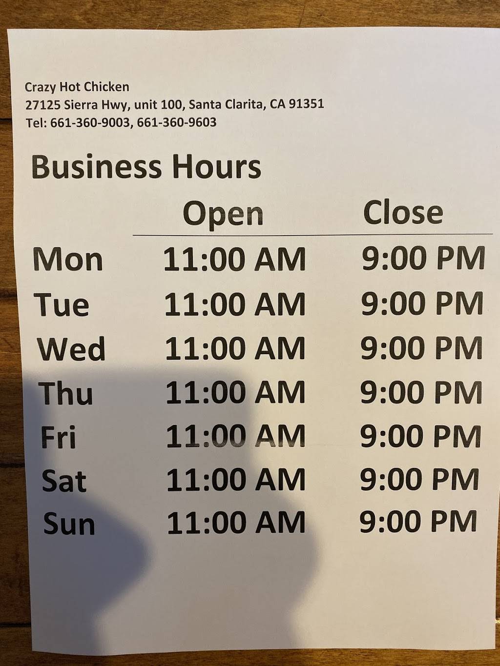 Crazy Hot Chicken | restaurant | 27125 Sierra Hwy UNIT 100, Santa Clarita, CA 91351, USA | 6613609003 OR +1 661-360-9003