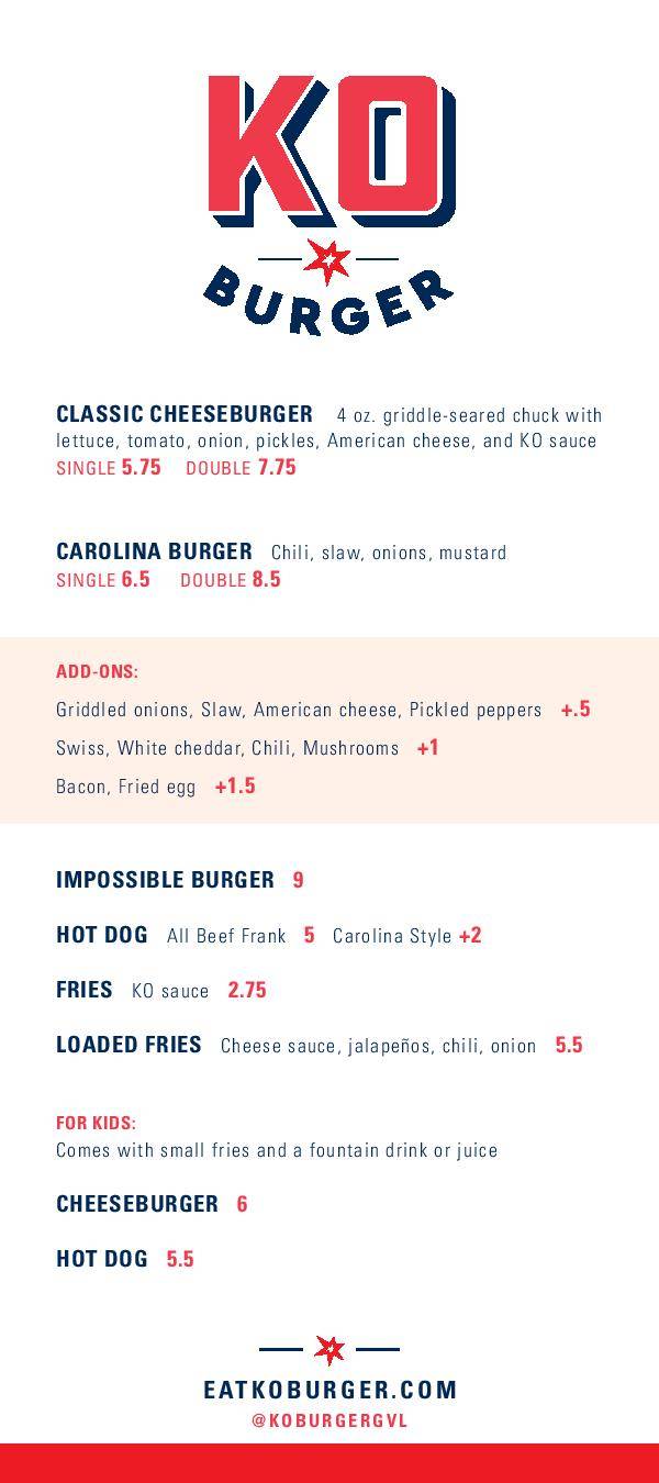 KO Burgers & Fries | restaurant | 126 Augusta St Suite 12, Greenville, SC 29601, USA | 8643739108 OR +1 864-373-9108