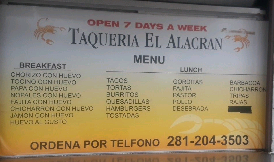 Taqueria EL Alacran | restaurant | 19625 Hwy 6, Alvin, TX 77511, USA | 2812043503 OR +1 281-204-3503