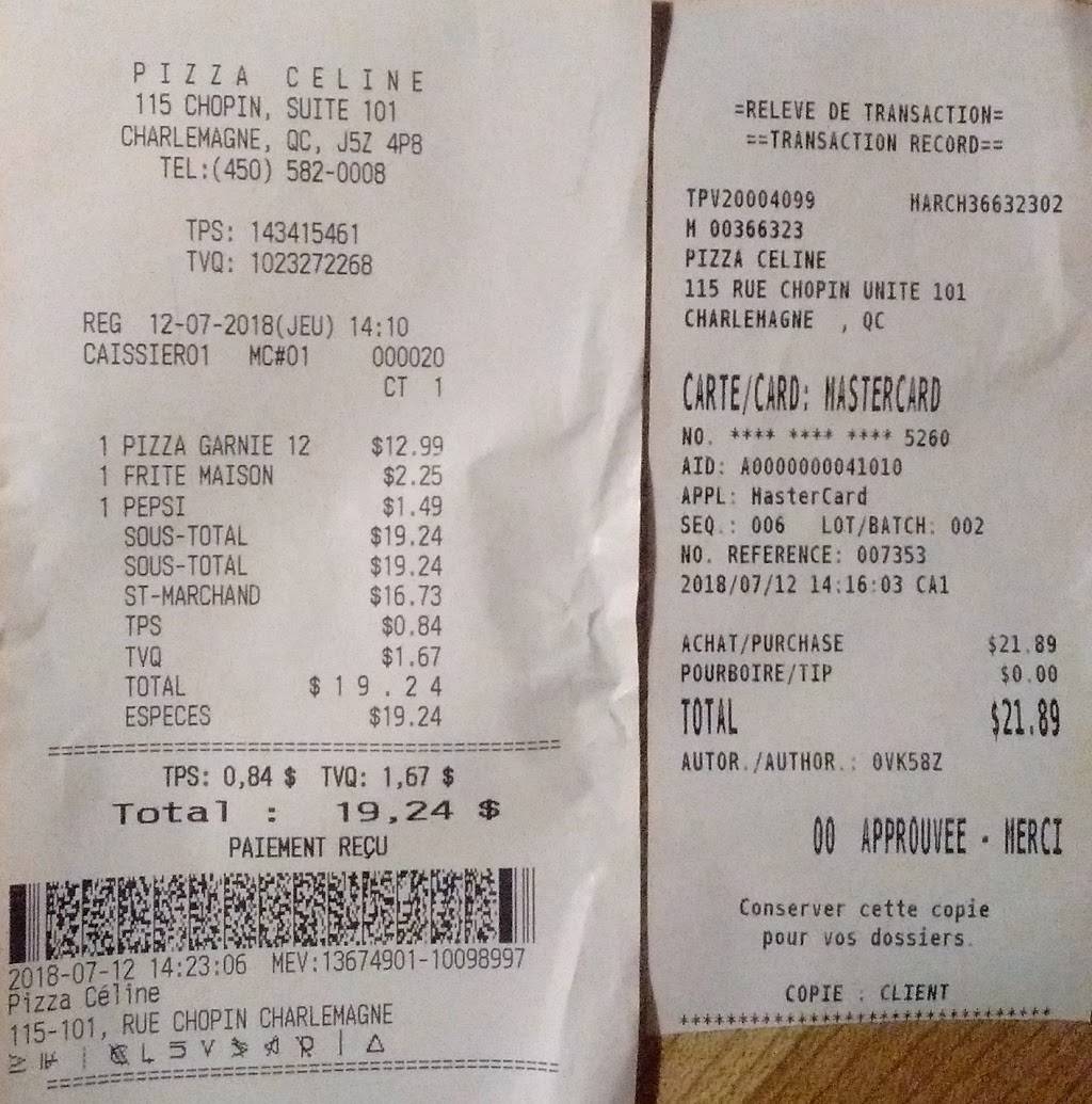 Pizza Celine Charlemagne | restaurant | 115 Rue Chopin, Charlemagne, QC J5Z 4P8, Canada | 4505820008 OR +1 450-582-0008