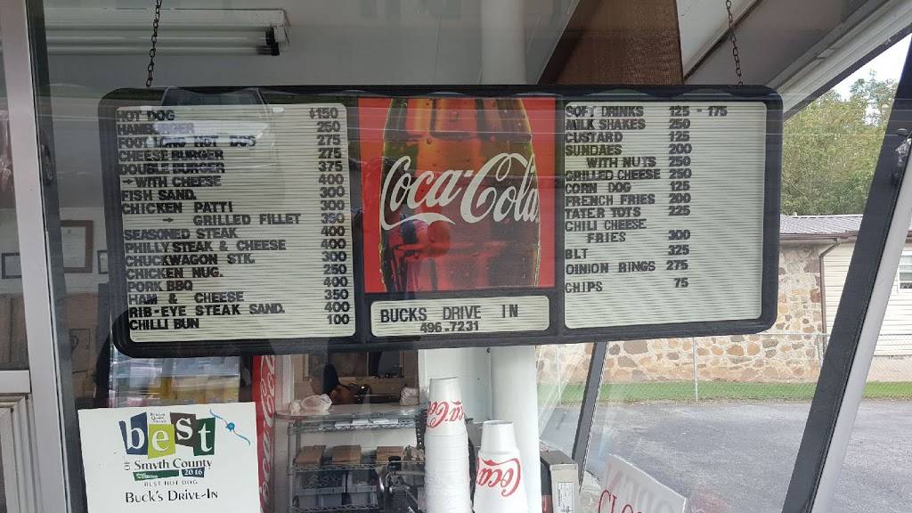 Bucks Drive-In | restaurant | 1212 E Main St, Saltville, VA 24370, USA | 2764967231 OR +1 276-496-7231