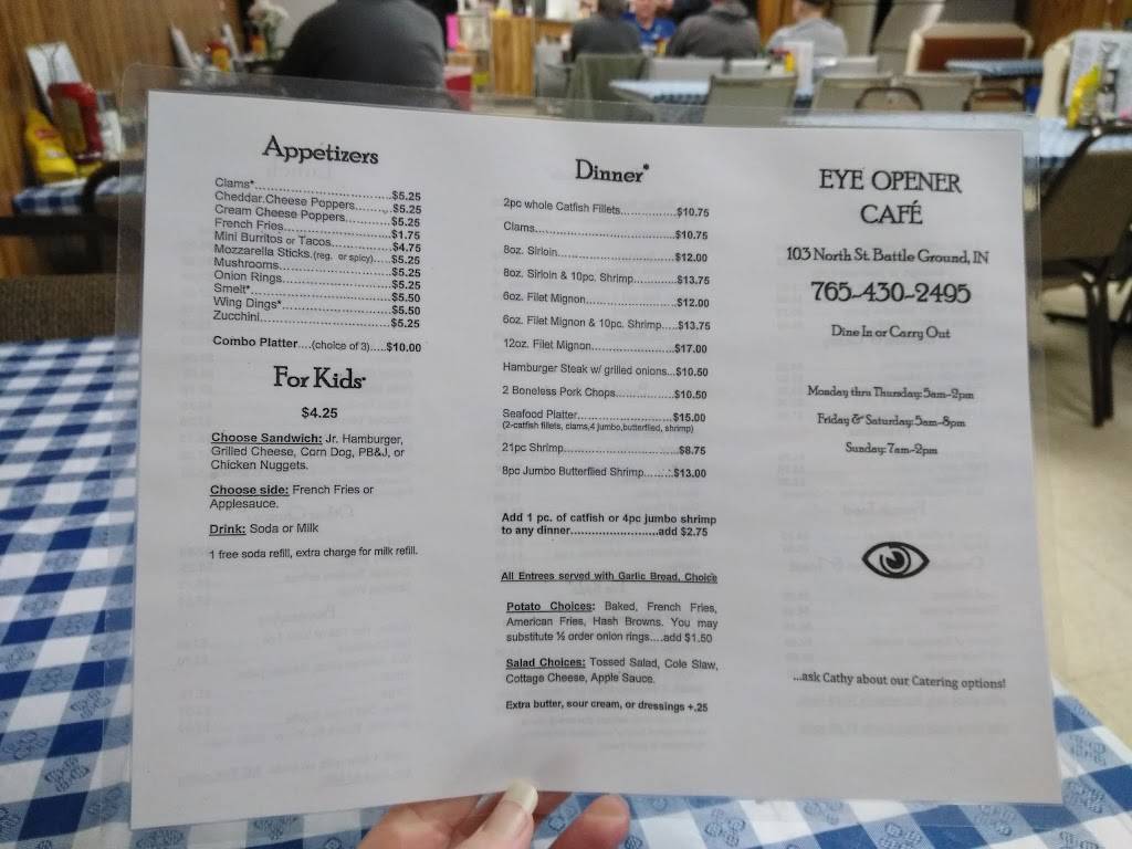 The Eye Opener Café | restaurant | 103 North St, Battle Ground, IN 47920, USA | 7654302495 OR +1 765-430-2495