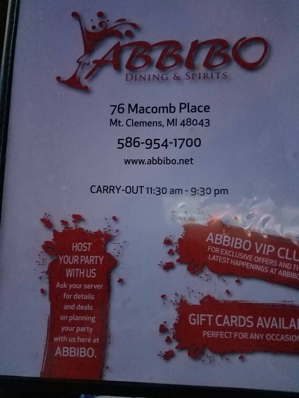 Abbibo Dining & Spirits | restaurant | 76 Macomb Pl, Mt Clemens, MI 48043, USA | 5869541700 OR +1 586-954-1700