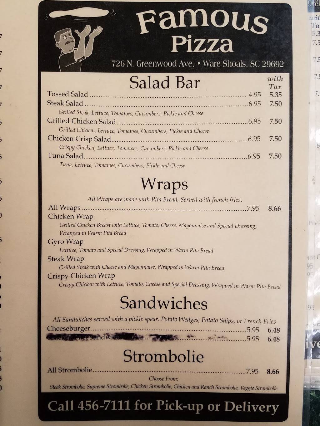 Famous Pizza | restaurant | 726 N S Greenwood Ave, Ware Shoals, SC 29692, USA | 8644567111 OR +1 864-456-7111