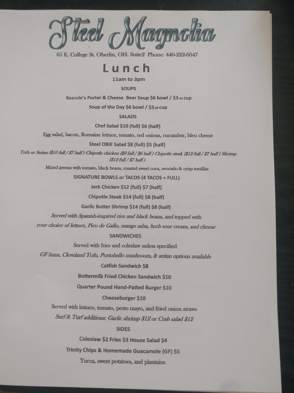 Steel Magnolia | restaurant | 65 E College St, Oberlin, OH 44074, USA | 4402226047 OR +1 440-222-6047