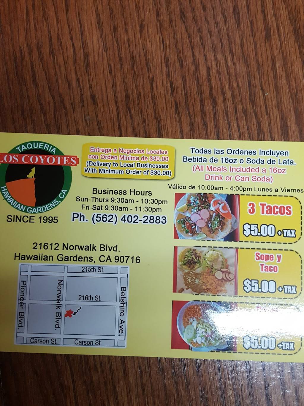 Taqueria Los Coyotes | restaurant | 21612 Norwalk Blvd, Hawaiian Gardens, CA 90716, USA | 5623946843 OR +1 562-394-6843