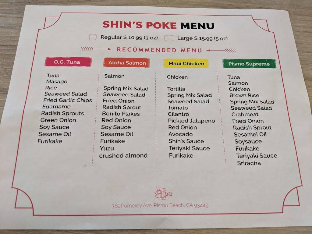 Shins Poke | restaurant | 361 Pomeroy Ave, Pismo Beach, CA 93449, USA | 8052955018 OR +1 805-295-5018