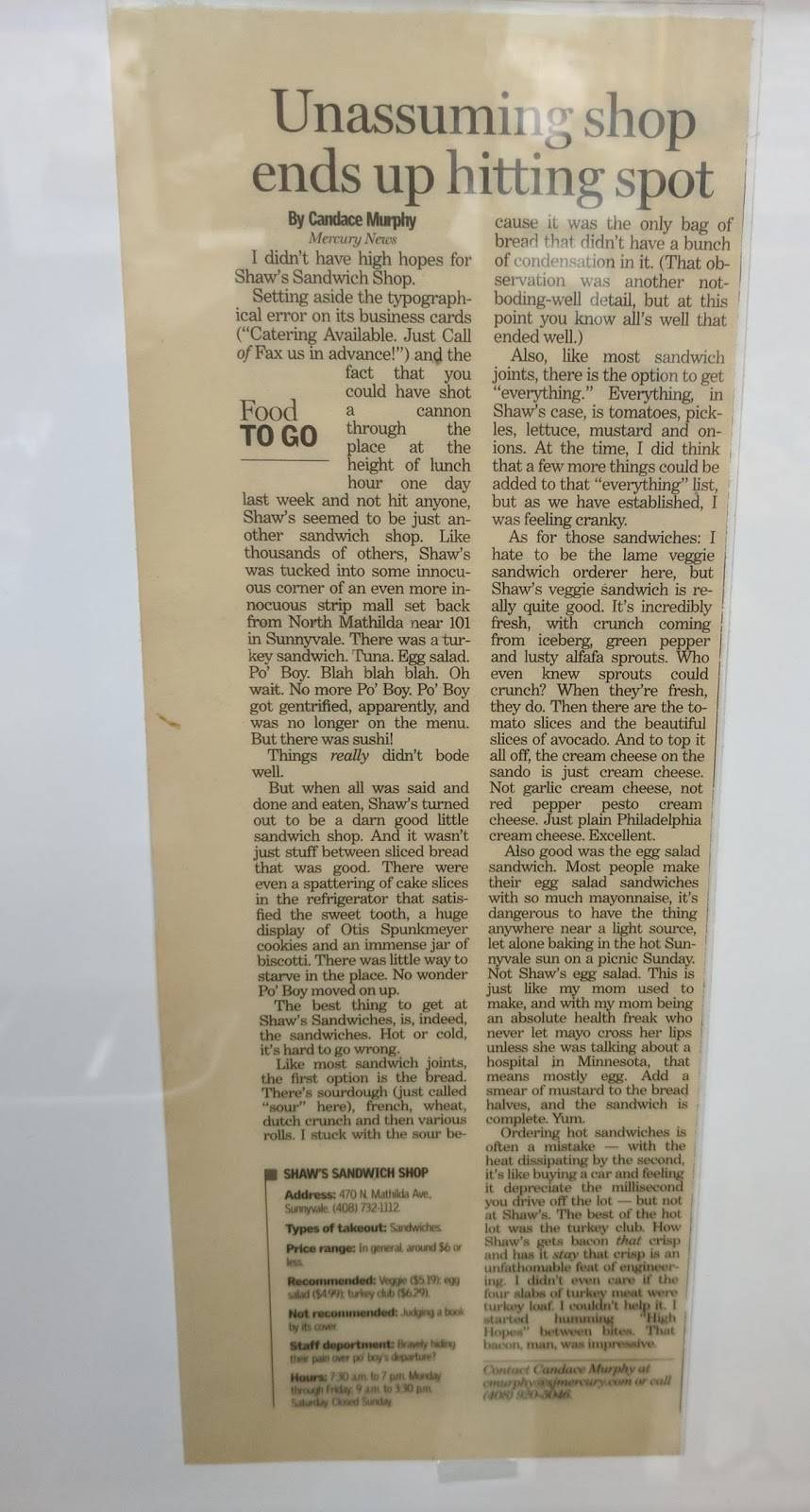 Shaws Sandwich Shop | meal takeaway | 470 N Mathilda Ave, Sunnyvale, CA 94085, USA | 4087321112 OR +1 408-732-1112