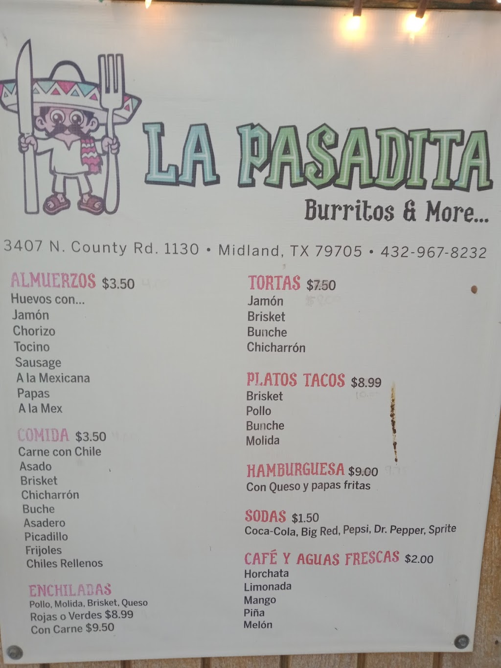 La Pasadita Burritos | restaurant | 3407 N County Rd 1130, Midland, TX 79705, USA | 4329678232 OR +1 432-967-8232