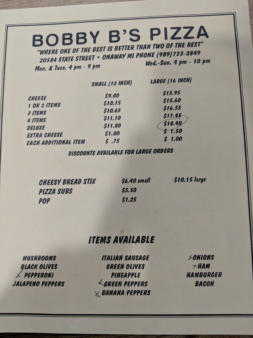 Bobby Bs Pizza | restaurant | 20584 State St, Onaway, MI 49765, USA | 9897332849 OR +1 989-733-2849