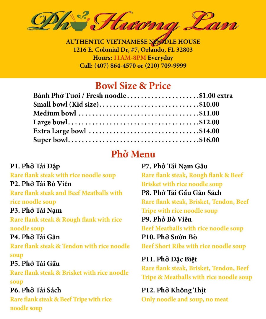 Phở Hương Lan | restaurant | 1216 E Colonial Dr Suite #7, Orlando, FL 32803, USA | 2107099999 OR +1 210-709-9999
