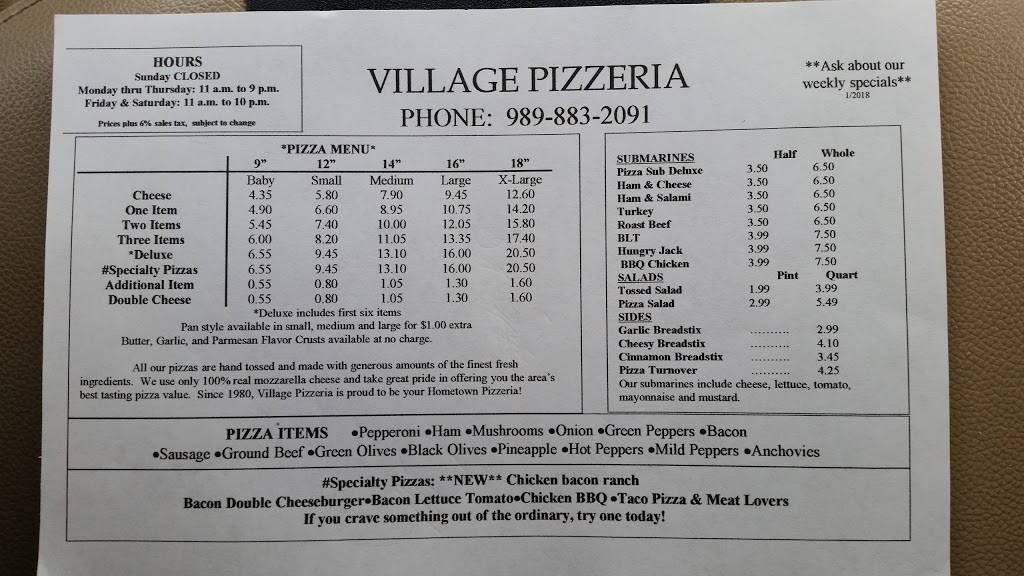 Village Pizzeria | restaurant | 638 N Center St, Sebewaing, MI 48759, USA | 9898832091 OR +1 989-883-2091