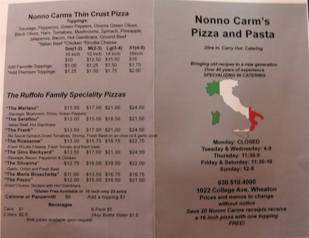 Nonno Carms Pizza and Pasta | restaurant | 1022 College Ave, Wheaton, IL 60187, USA | 6305104000 OR +1 630-510-4000