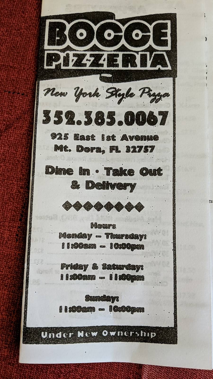 Bocces Pizzeria | restaurant | 925 E 1st Ave, Mt Dora, FL 32757, USA | 3523850067 OR +1 352-385-0067