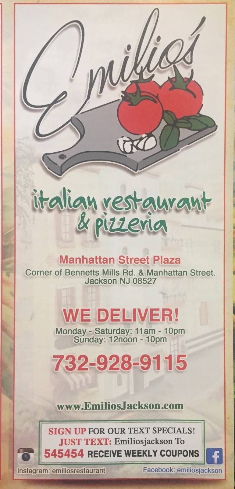 Emilios Restaurant | restaurant | 3856, 715 Bennetts Mills Rd # 7, Jackson, NJ 08527, USA | 7329289115 OR +1 732-928-9115