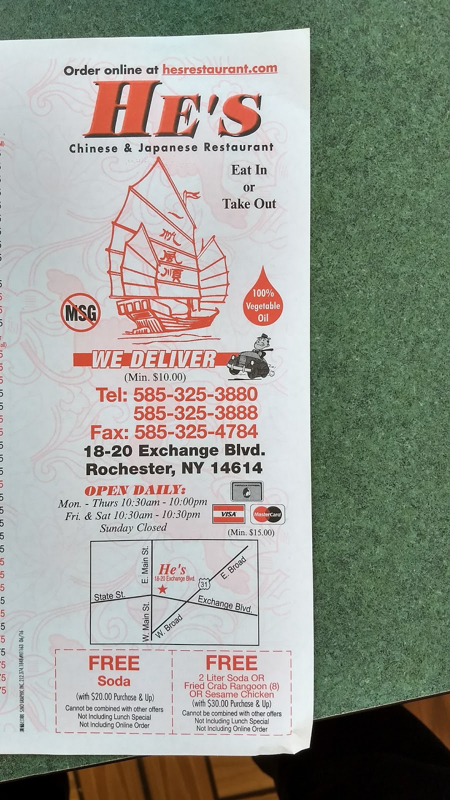 Hes Chinese and Japanese Restaurant | meal delivery | 20 Exchange Blvd, Rochester, NY 14614, USA | 5853253880 OR +1 585-325-3880