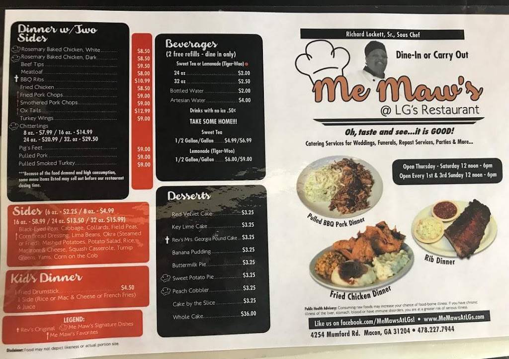 Memaws At LGs Restaurant | restaurant | 4254 Mumford Rd, Macon, GA 31204, USA | 4782277944 OR +1 478-227-7944