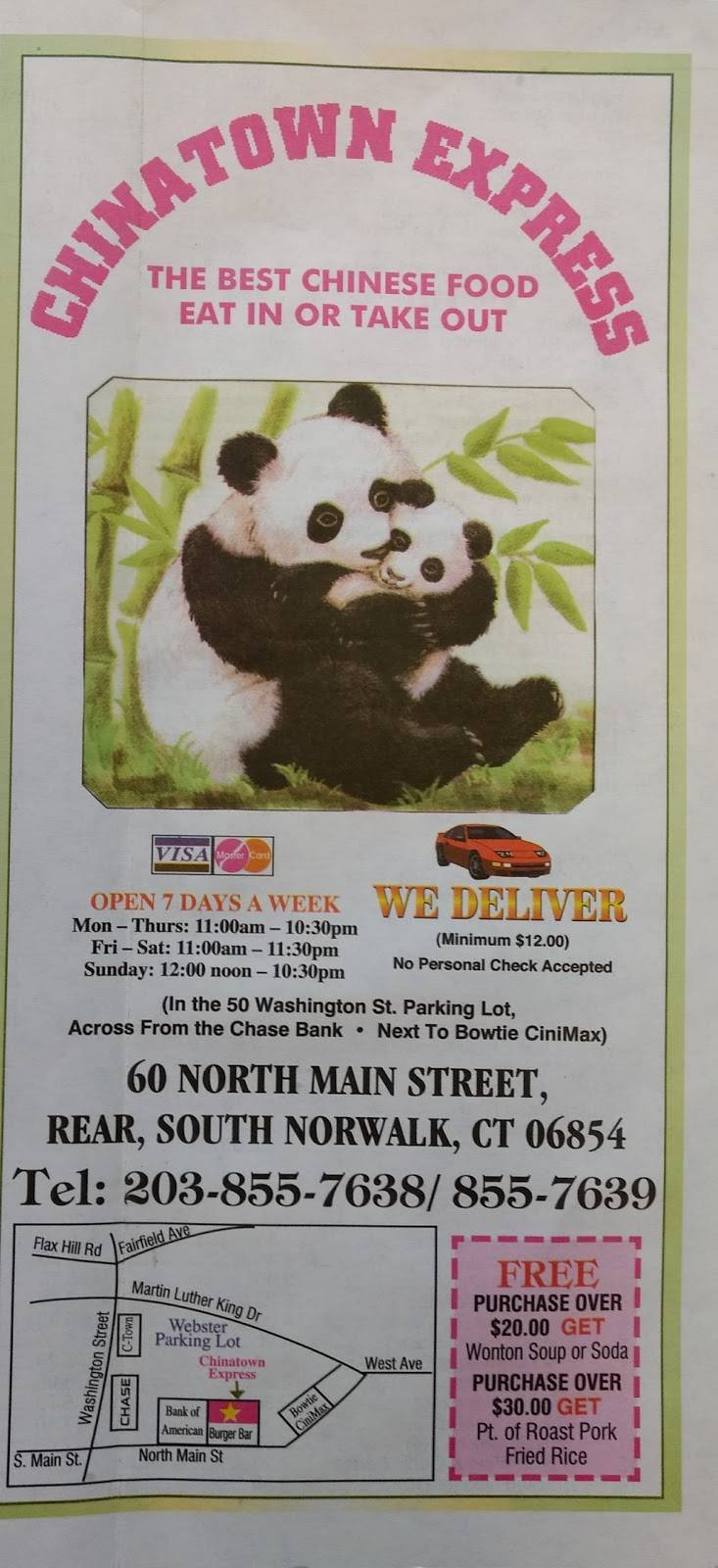China Town Express | restaurant | 60 N Main St, Norwalk, CT 06854, USA | 2038557638 OR +1 203-855-7638