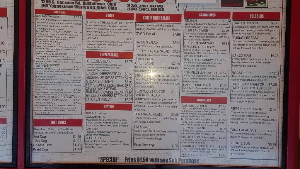 Walrus Subs | restaurant | 1305 S Raccoon Rd, Youngstown, OH 44515, USA | 3307934800 OR +1 330-793-4800