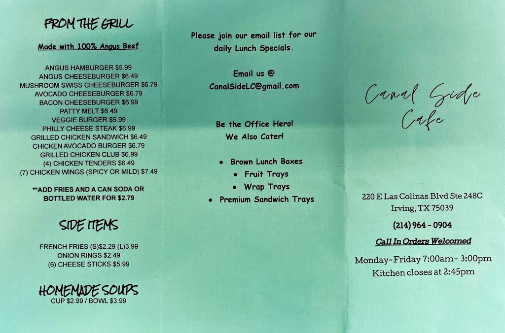 Canal Side Cafe | restaurant | 220 E Las Colinas Blvd Suite248C, Irving, TX 75039, USA | 2149640904 OR +1 214-964-0904