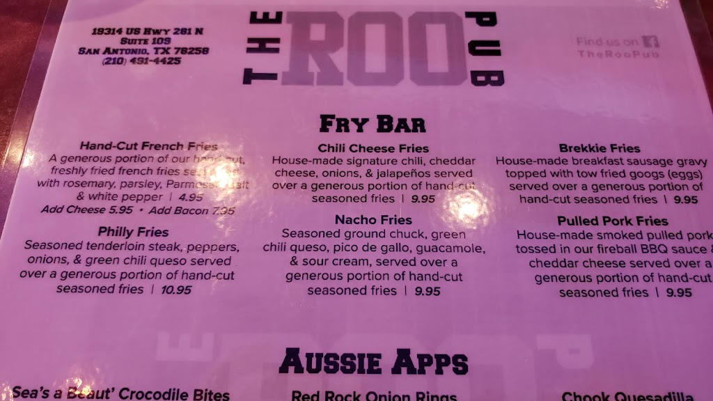 The Roo Pub | restaurant | 19314 US-281, San Antonio, TX 78258, USA | 2104914425 OR +1 210-491-4425