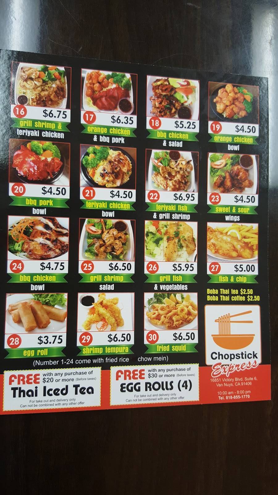 Chopstick Express | restaurant | 16851 Victory Blvd #6, Van Nuys, CA 91406, USA | 8188551770 OR +1 818-855-1770