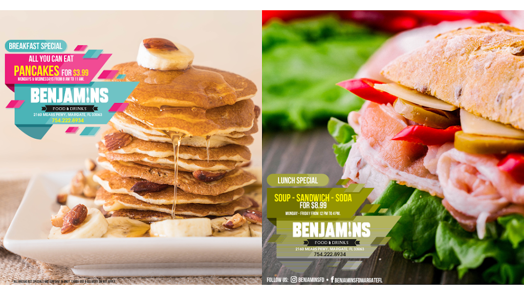 Benjamins Food & Drinks | restaurant | 2160 Mears Pkwy, Margate, FL 33063, USA | 7542228934 OR +1 754-222-8934