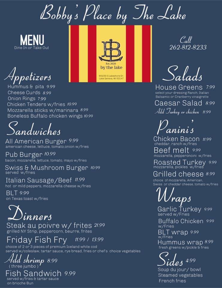 Bobbys Place By The Lake | restaurant | W3230 S Lake Shore Dr, Lake Geneva, WI 53147, USA | 2628128233 OR +1 262-812-8233