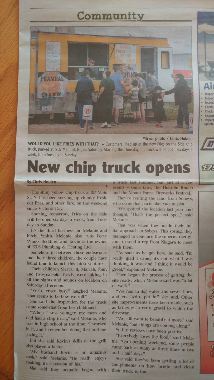 Fries on the Side | restaurant | 515 Main St N, Mount Forest, ON N0G 2L1, Canada | 5193135555 OR +1 519-313-5555