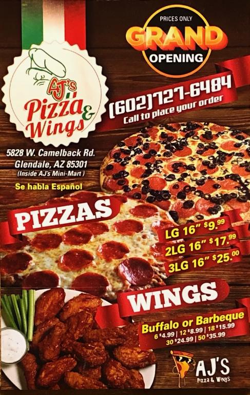 Ajs Pizza & Wings | restaurant | 5828 W Camelback Rd, Glendale, AZ 85301, USA | 6027276484 OR +1 602-727-6484
