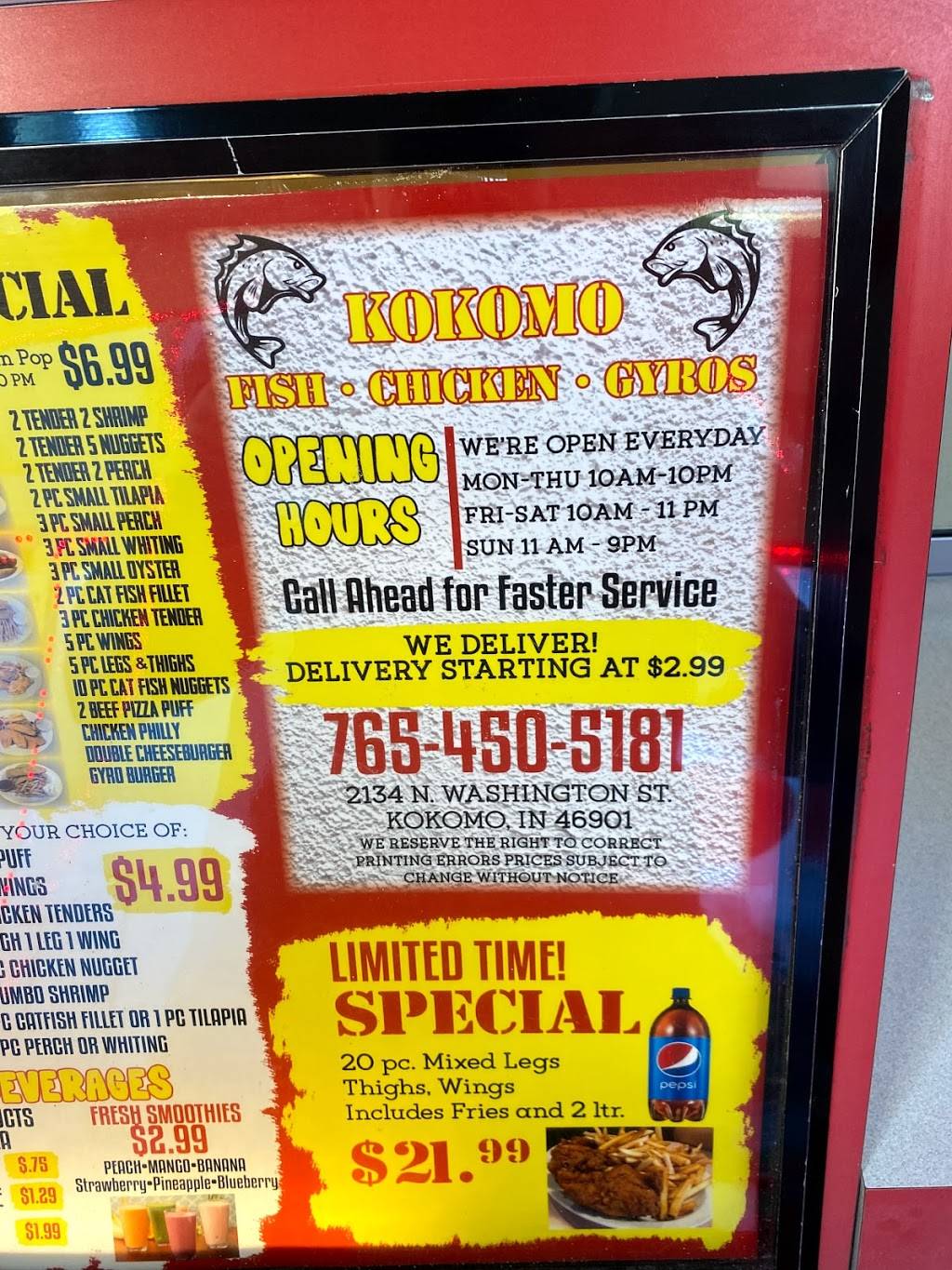 Kokomo fish chicken and gyros | restaurant | 2134 N Washington St, Kokomo, IN 46901, USA | 7654505181 OR +1 765-450-5181