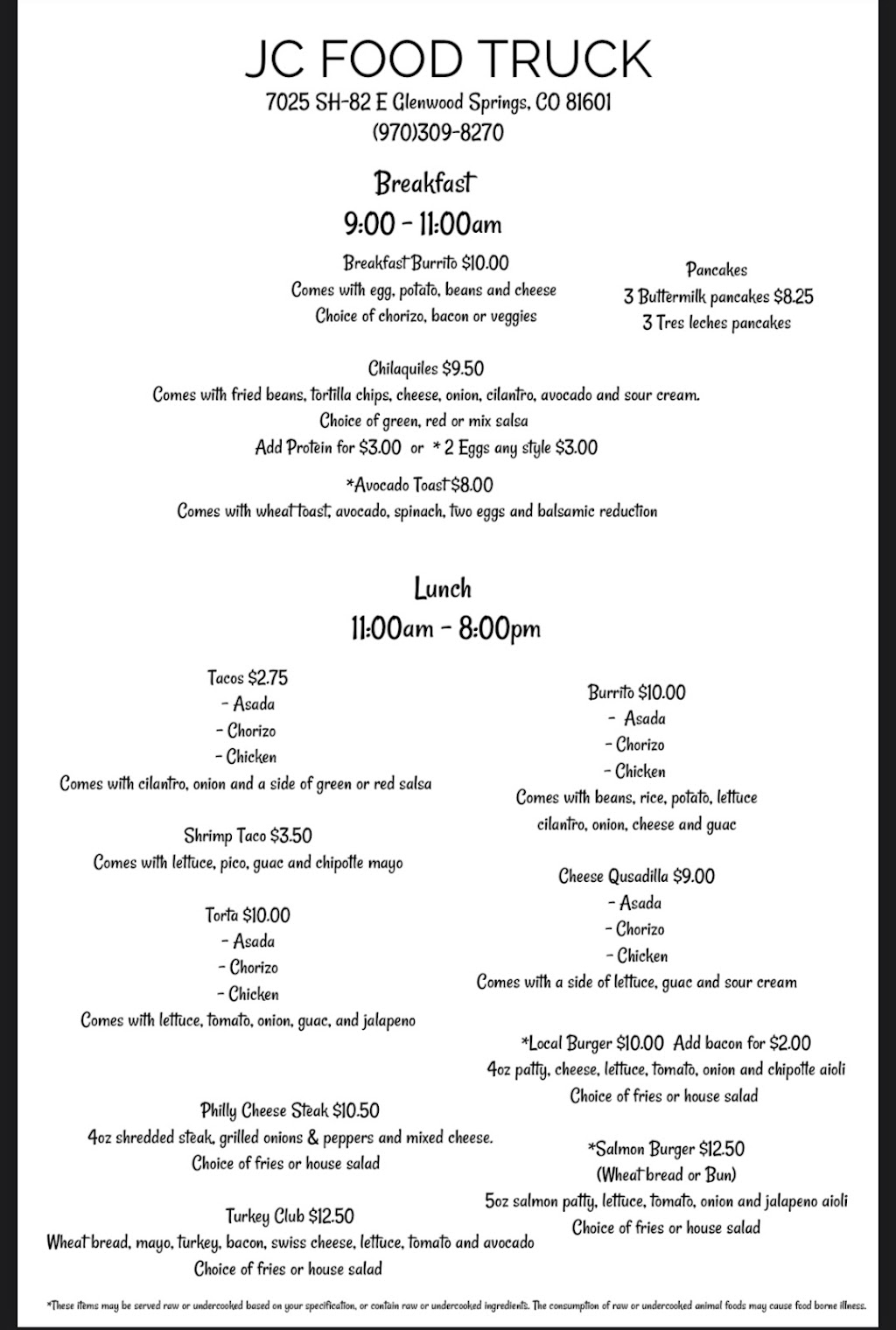 JC Food Truck | restaurant | 7025 CO-82, Glenwood Springs, CO 81601, USA | 9703098270 OR +1 970-309-8270