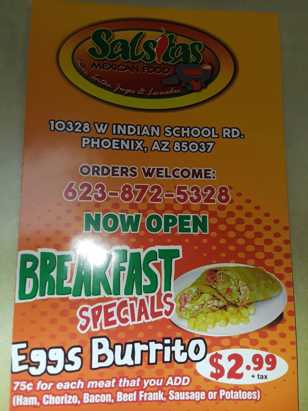 Salsitas Mexican Food | restaurant | 10328 W Indian School Rd, Phoenix, AZ 85037, USA | 6238725328 OR +1 623-872-5328