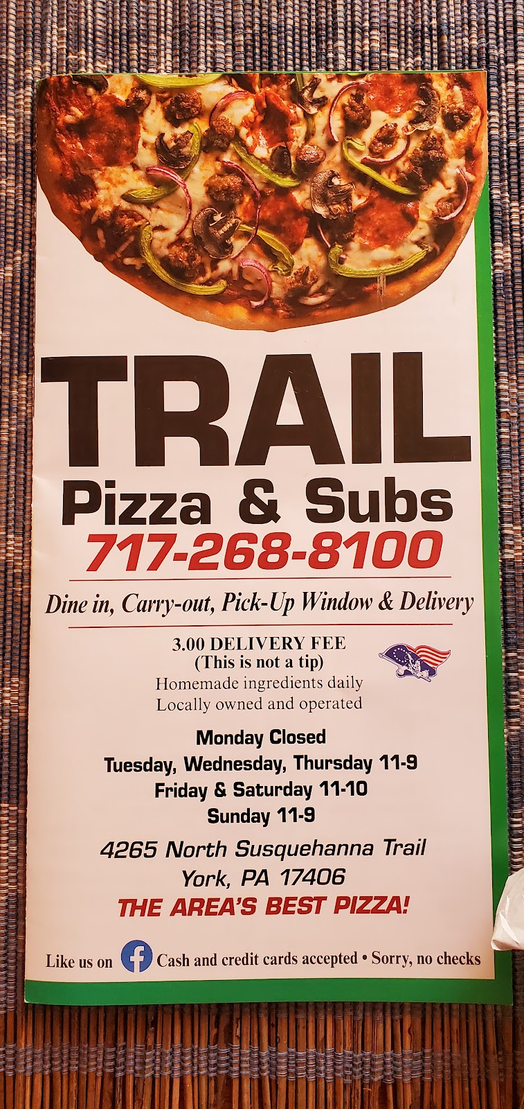 Trail Pizza and Subs | restaurant | 4265 N Susquehanna Trail, York, PA 17406, USA | 7172688100 OR +1 717-268-8100