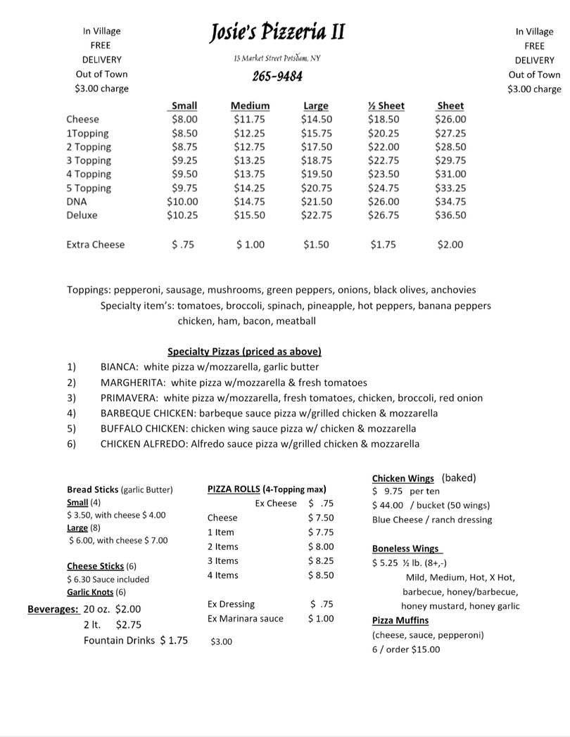 Josies Pizzeria II | restaurant | 2808, 13 Market St, Potsdam, NY 13676, USA | 3152659484 OR +1 315-265-9484