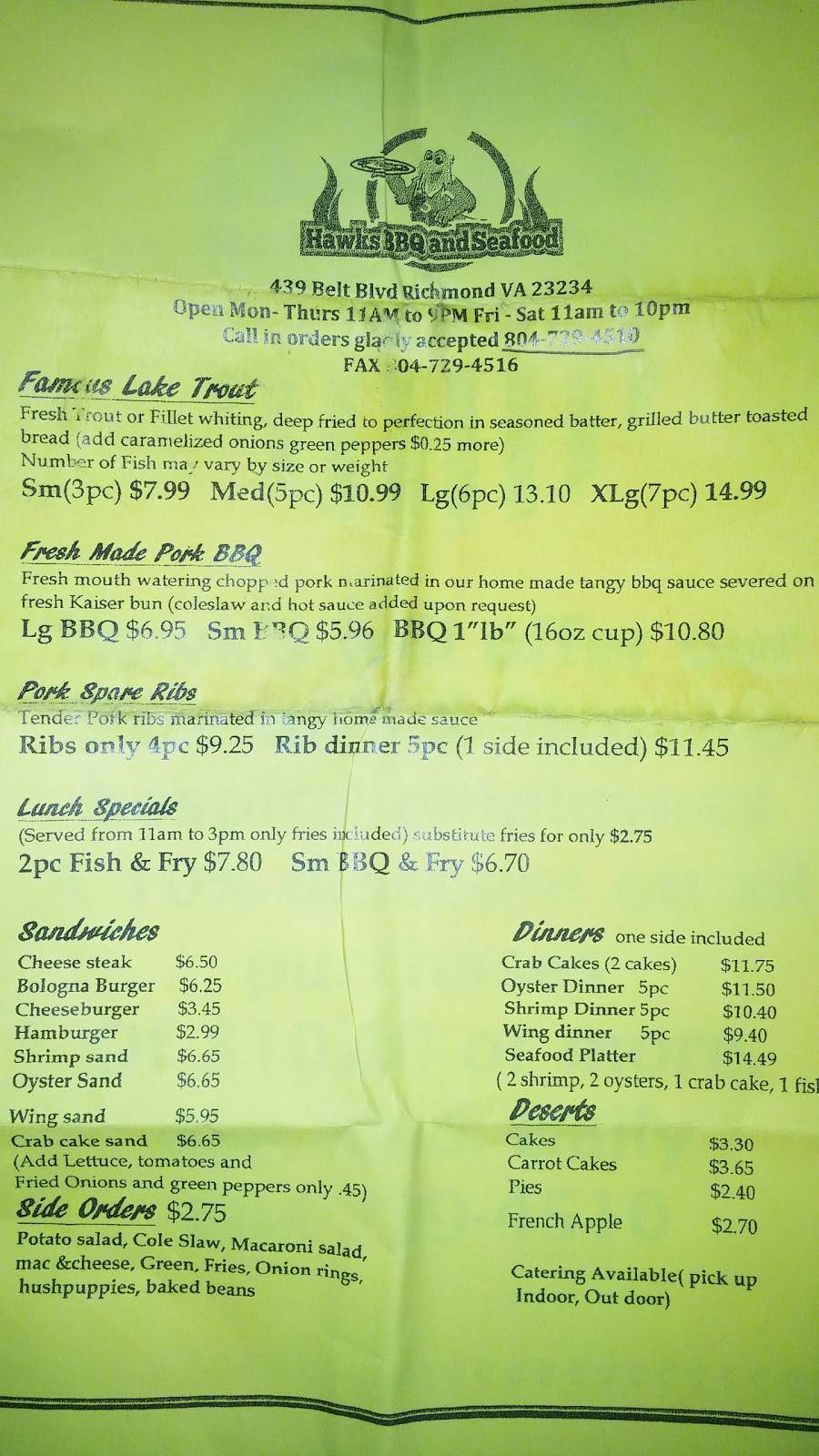 Hawks BBQ South | restaurant | 439 E Belt Blvd, Richmond, VA 23224, USA | 8047294510 OR +1 804-729-4510