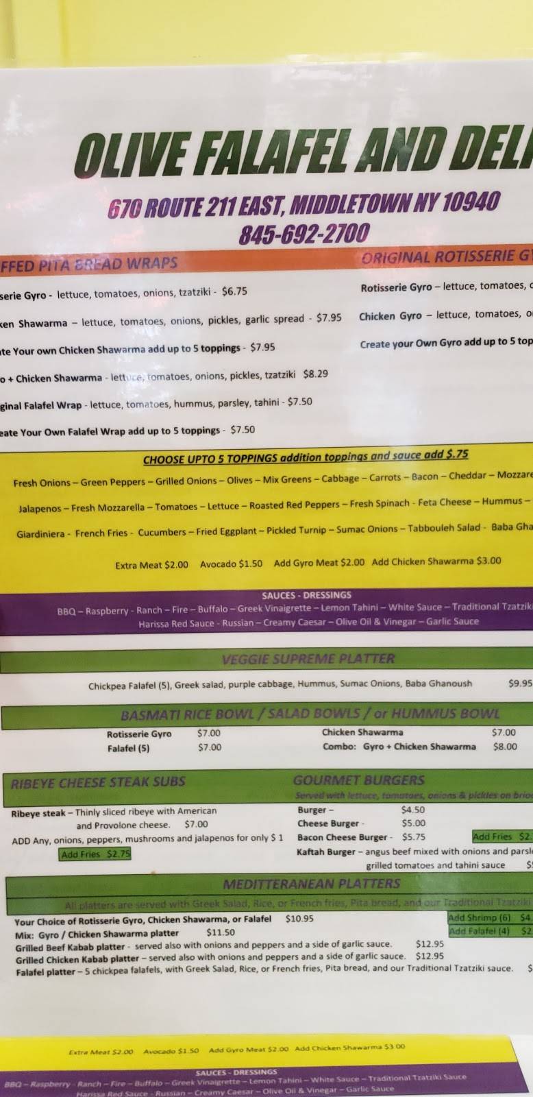 Olive Falafel and Deli | restaurant | 670 NY-211, Middletown, NY 10941, USA | 8456922700 OR +1 845-692-2700