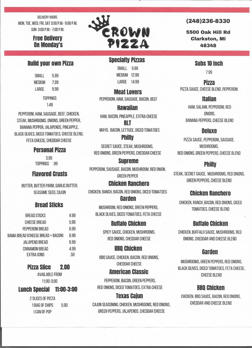 Crown Pizza | restaurant | 5500 Oak Hill Rd, Village of Clarkston, MI 48348, USA | 2482368330 OR +1 248-236-8330