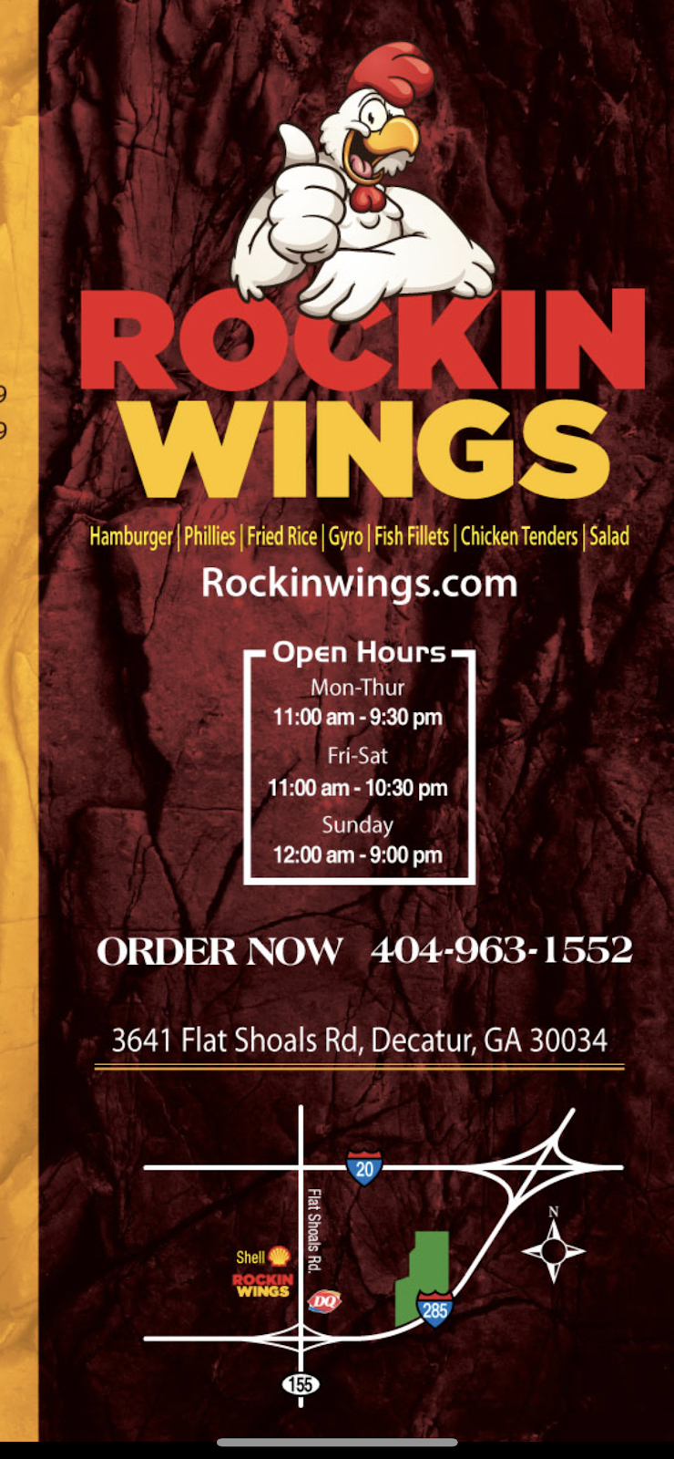 Rockin Wings | restaurant | 3641 Flat Shoals Rd, Decatur, GA 30034, USA | 4049631552 OR +1 404-963-1552