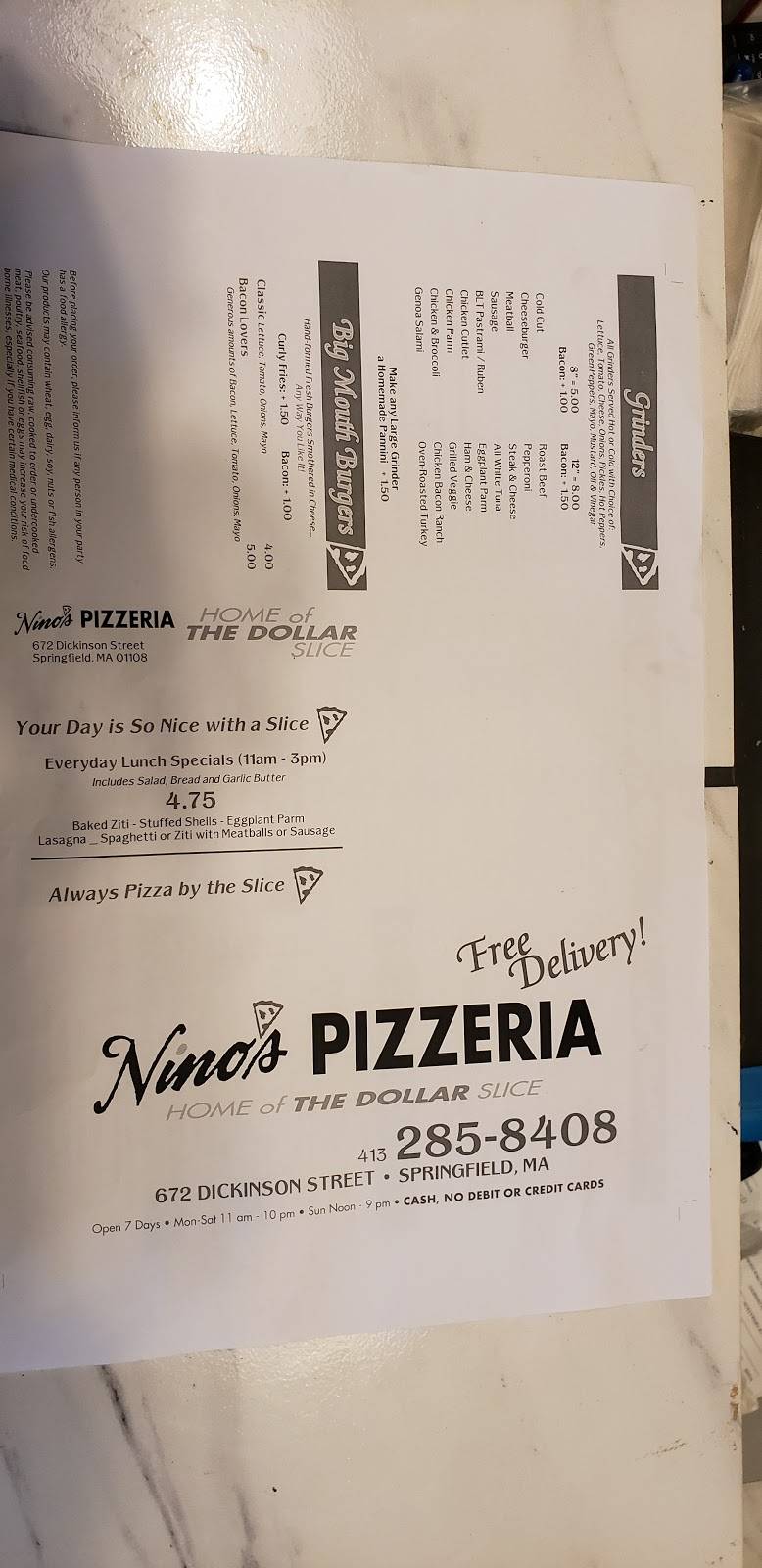 Ninos Pizzeria | restaurant | 672 Dickinson St, Springfield, MA 01108, USA | 4132858408 OR +1 413-285-8408