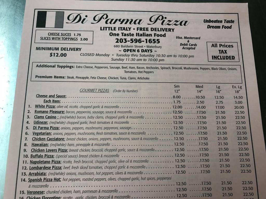 Di Parma Pizza | restaurant | 680 Baldwin St, Waterbury, CT 06706, USA | 2035961655 OR +1 203-596-1655
