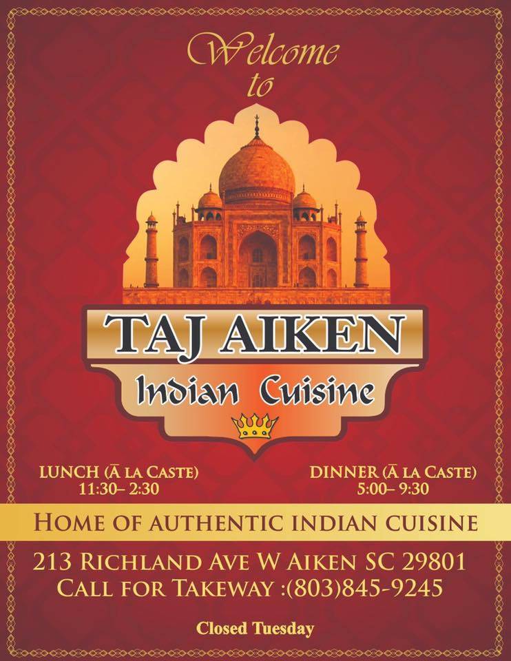 Taj Aiken Indian Cuisine | restaurant | 213 Richland Ave W, Aiken, SC 29801, USA | 8038459245 OR +1 803-845-9245