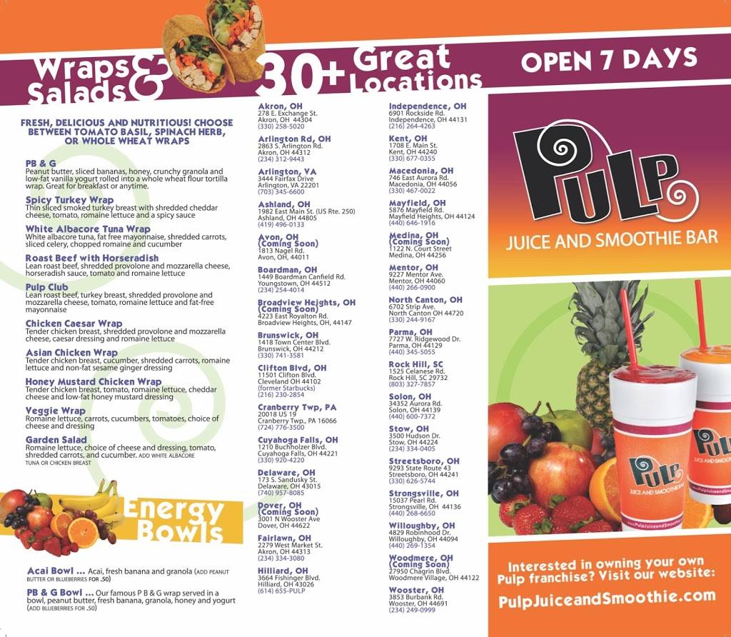 Pulp Juice and Smoothie Bar | restaurant | 1813 Nagel Rd, Avon, OH 44011, USA | 4406958653 OR +1 440-695-8653