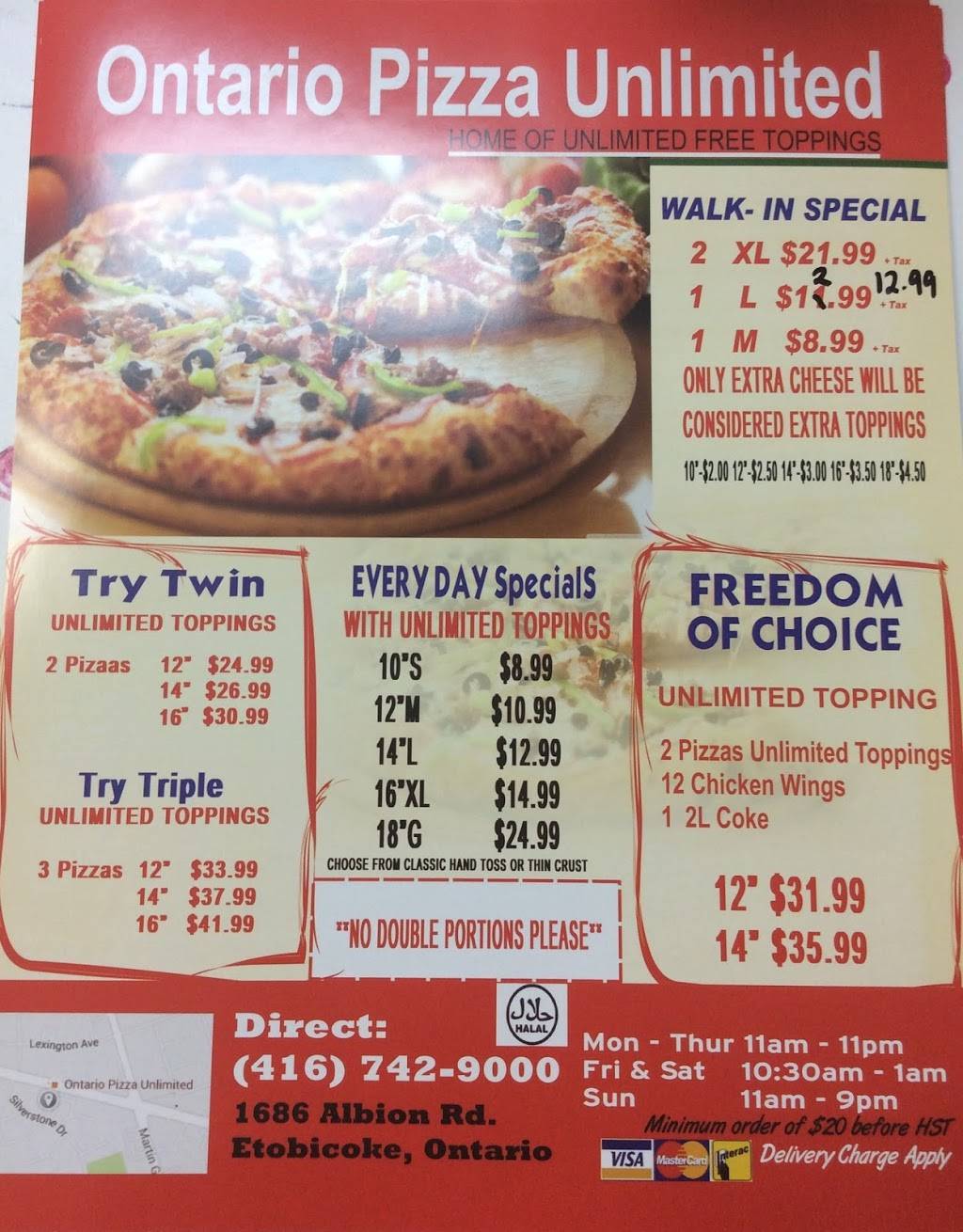 Ontario Pizza Unlimited | meal delivery | 1686 Albion Rd, Etobicoke, ON M9V 1B8, Canada | 4167429000 OR +1 416-742-9000