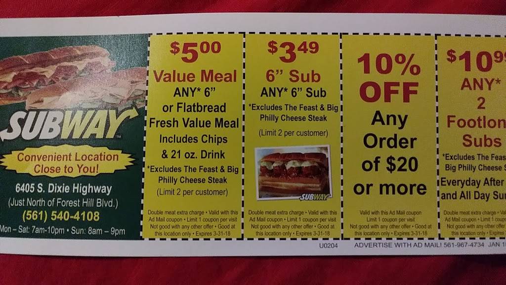 Subway | restaurant | 210 S Dixie Hwy, Lake Worth, FL 33460, USA | 5614931950 OR +1 561-493-1950